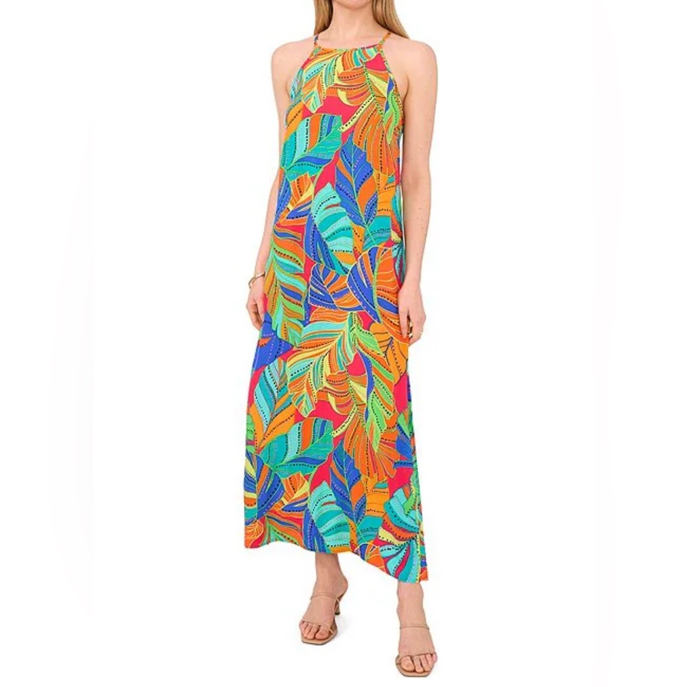Vince Camuto Tropical Print Halter Neck Sleeveless Shift Maxi Dress